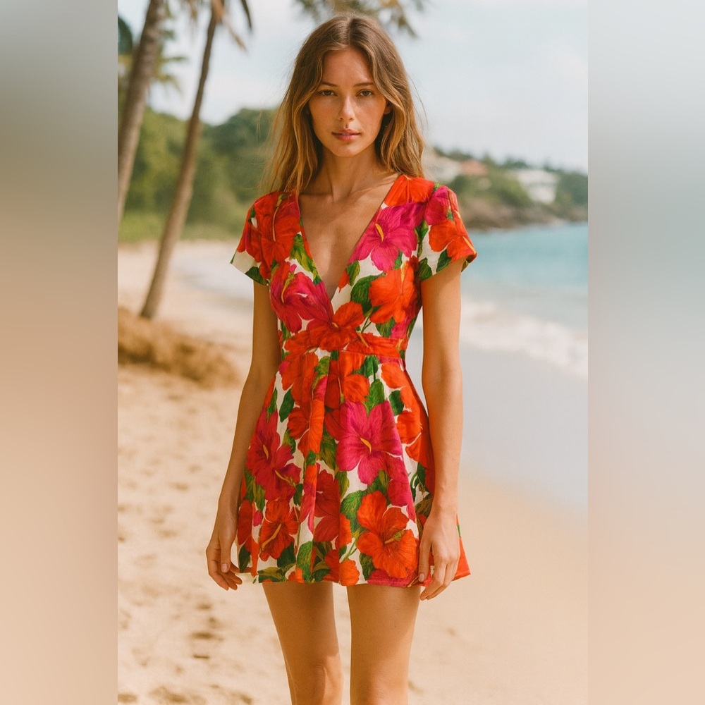 Show Me Your Mumu Ibiza Dress Bahama Mama Floral V Neck Short Sleeve Small RARE